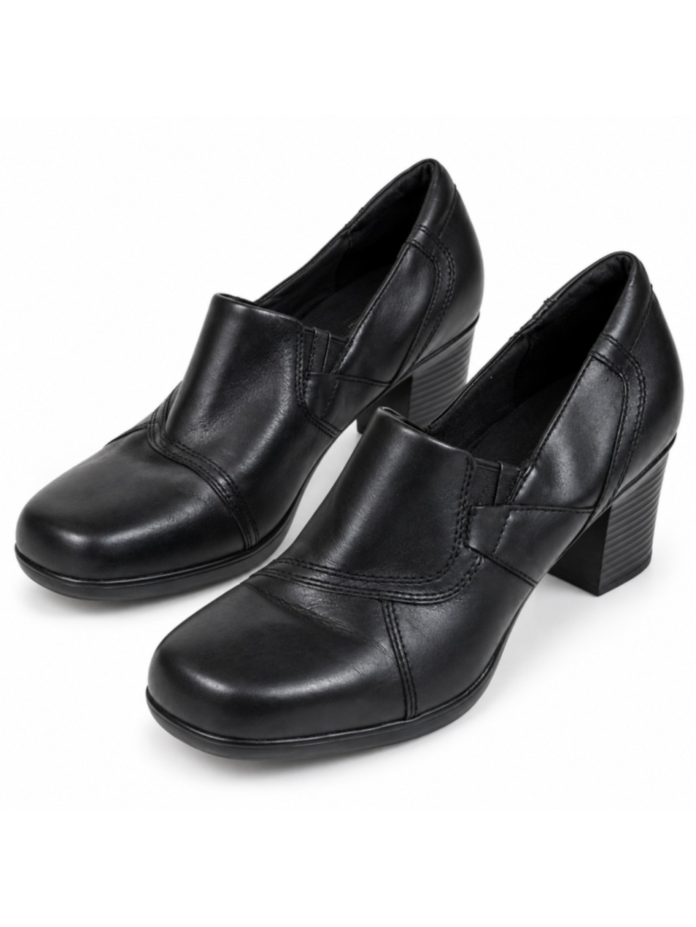Clarks Bendabe Black Leather Heeled Loafers Women’s 8.5 3" Heel 62865